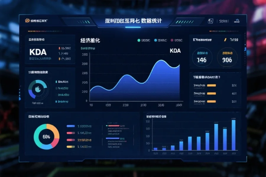 一张电子竞技比赛的数据统计面板，包含经济差曲线、KDA、塔破进度与目标控制图表，界面专业清晰